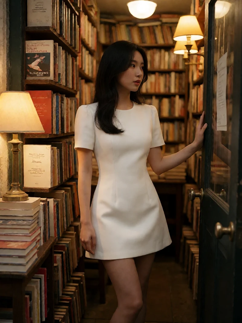 虚构成年女性穿白色短裙站在打烊书店书架旁回头