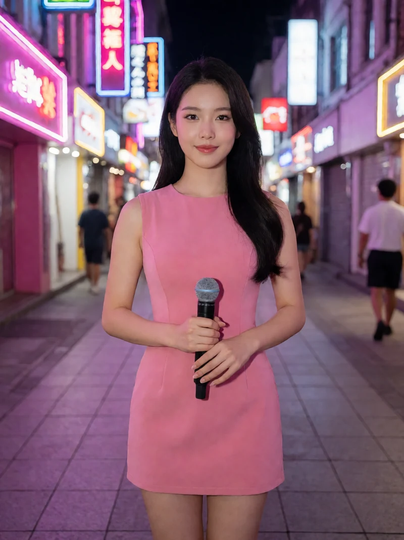 虚构成年女主播穿粉色短裙在霓虹街头手持麦克风表演