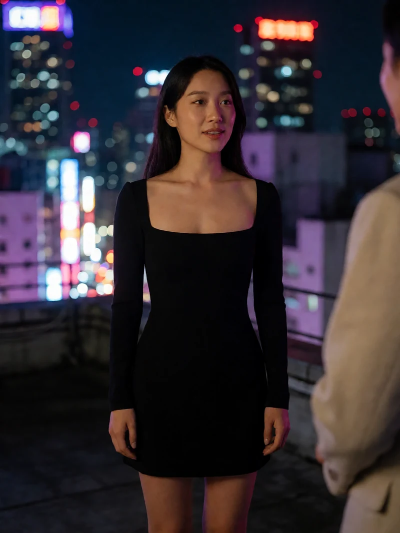 虚构成年女性穿黑色短裙站在夜间天台与成年朋友交谈